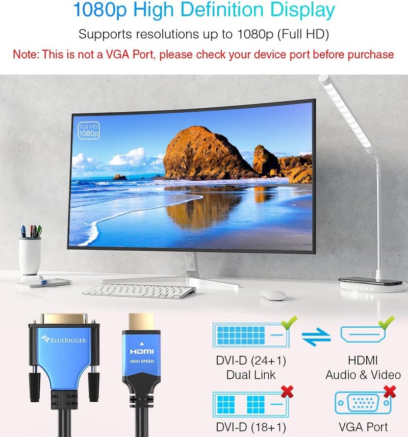 BlueRigger HDMI to DVI Cable (50FT, High-Speed, Bi-Directional Adapter Male to Male, DVI-D 24+1, 1080p, Aluminum Shell) - Compatible with Raspberry Pi, Roku, Xbox One, PS5/PS4/PS3, Graphics Card - Image 2
